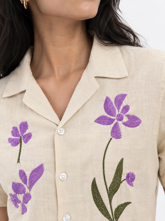 WOMEN'S BEIGE FLORAL OVERSIZED EMBROIDERED SHIRT