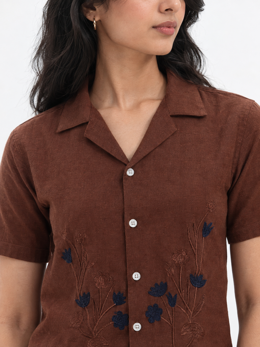 WOMEN'S BROWN FLORAL OVERSIZED EMBROIDERED SHIRT