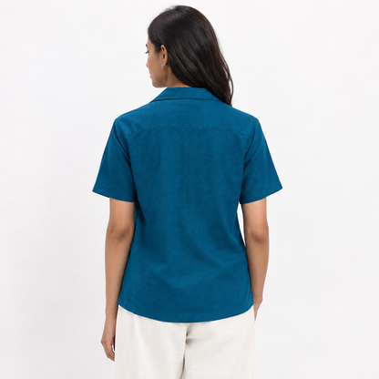 WOMEN'S BLUE FLORAL OVERSIZED EMBROIDERED SHIRT