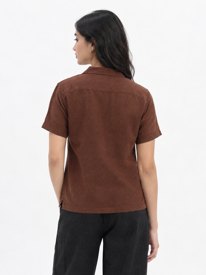 WOMEN'S BROWN FLORAL OVERSIZED EMBROIDERED SHIRT