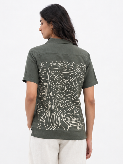 WOMEN'S OLIVE GREEN BACK PRINTED OVERSIZED SHIRT