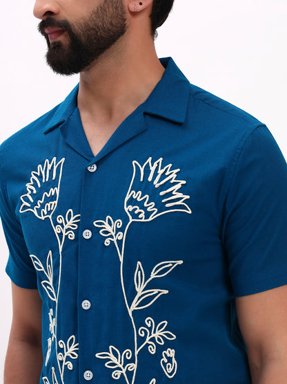 BLUE FLORAL EMBROIDERED SHIRT