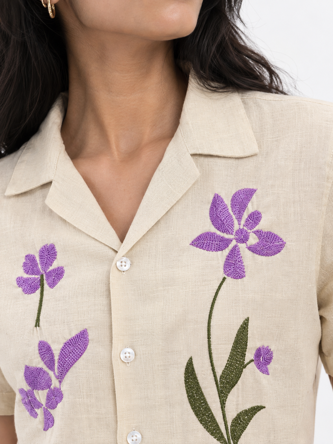 WOMEN'S BEIGE FLORAL OVERSIZED EMBROIDERED SHIRT