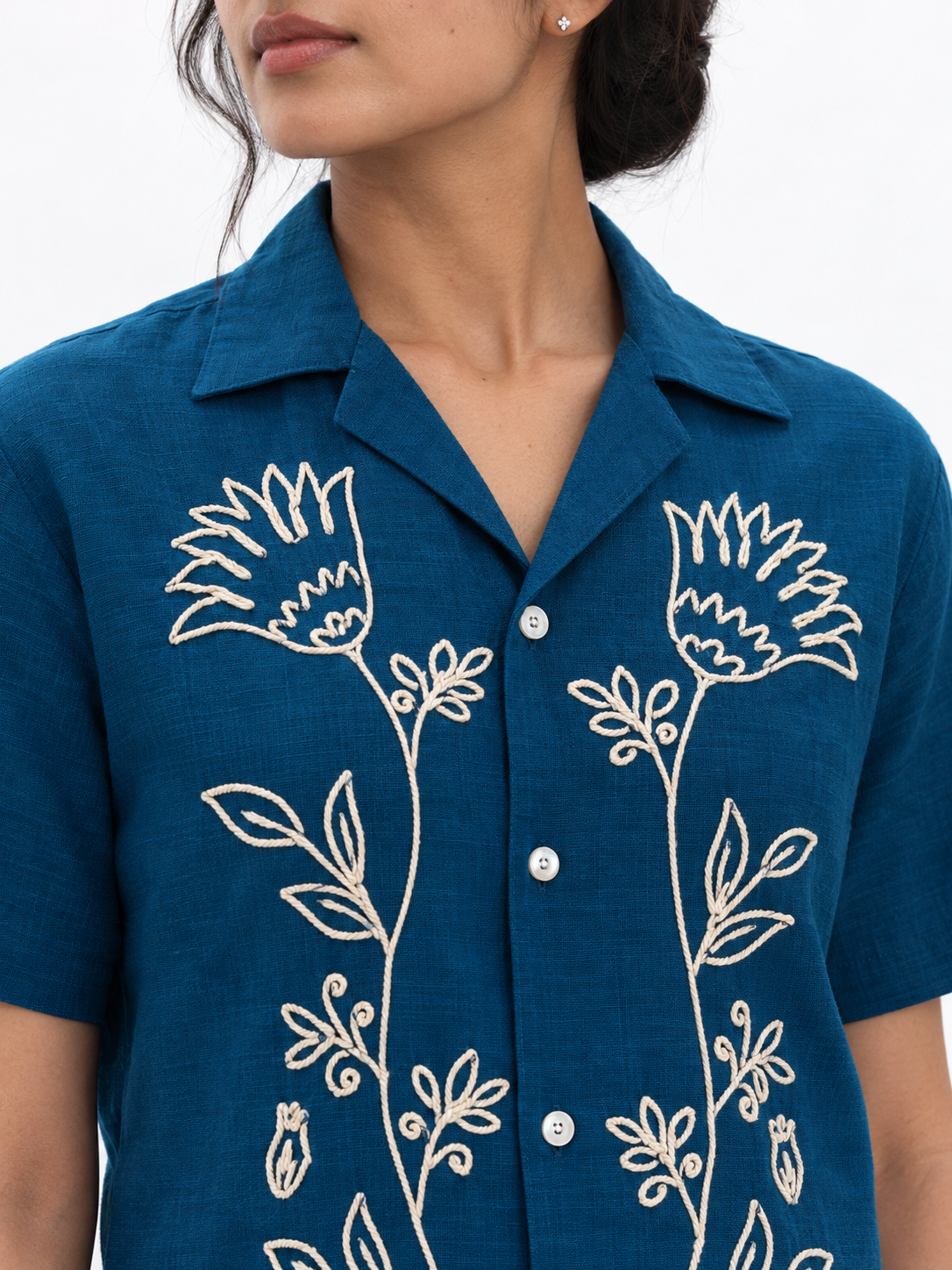 WOMEN'S BLUE FLORAL OVERSIZED EMBROIDERED SHIRT