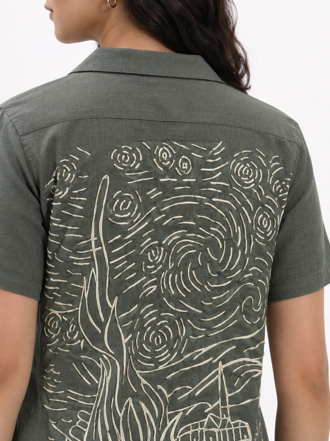 WOMEN'S OLIVE GREEN BACK PRINTED OVERSIZED SHIRT