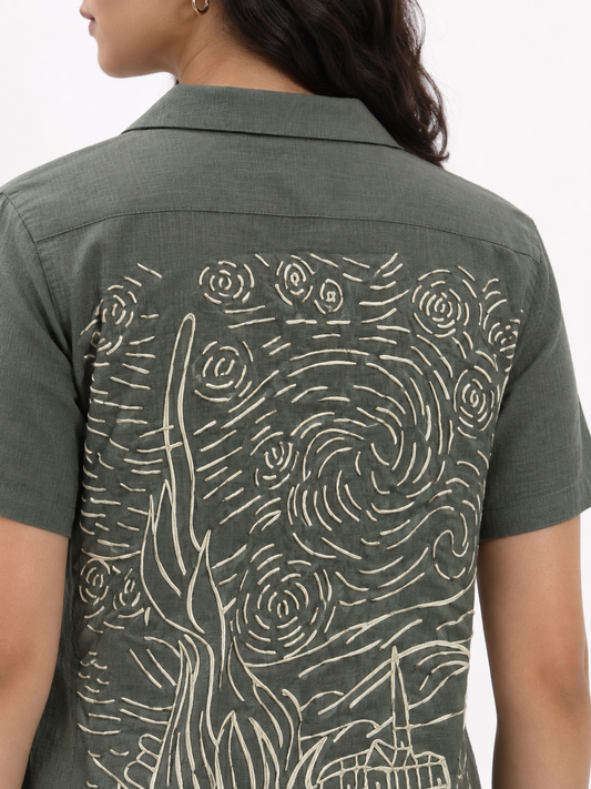 WOMEN'S OLIVE GREEN BACK PRINTED OVERSIZED SHIRT
