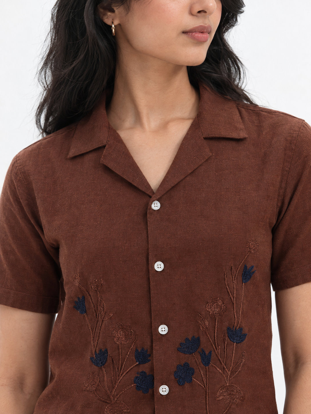 WOMEN'S BROWN FLORAL OVERSIZED EMBROIDERED SHIRT