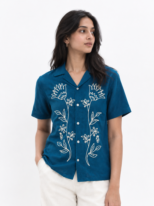 WOMEN'S BLUE FLORAL OVERSIZED EMBROIDERED SHIRT