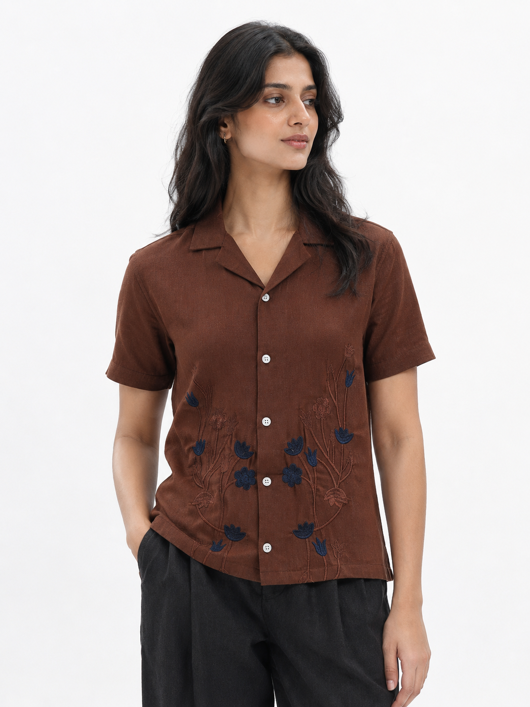 WOMEN'S BROWN FLORAL OVERSIZED EMBROIDERED SHIRT