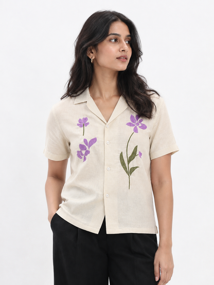 WOMEN'S BEIGE FLORAL OVERSIZED EMBROIDERED SHIRT