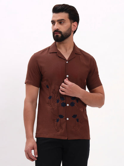 BROWN FLORAL EMBROIDERED SHIRT