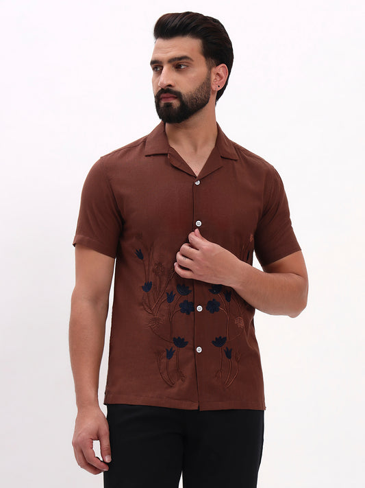 BROWN FLORAL EMBROIDERED SHIRT