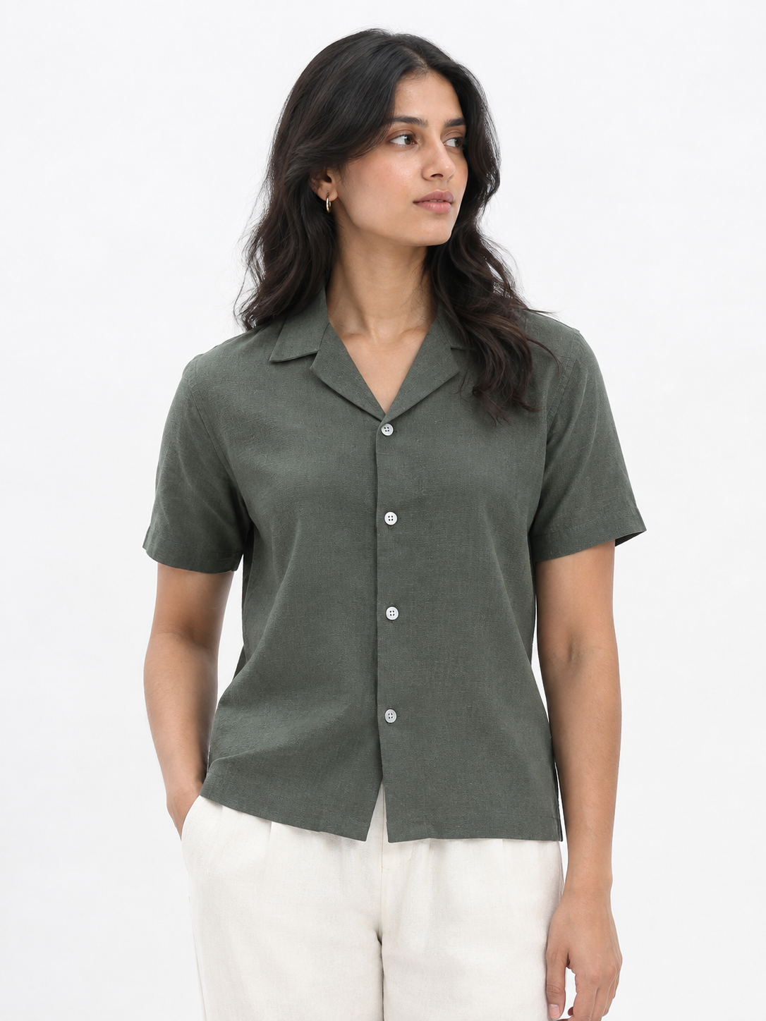 WOMEN'S OLIVE GREEN BACK PRINTED OVERSIZED SHIRT
