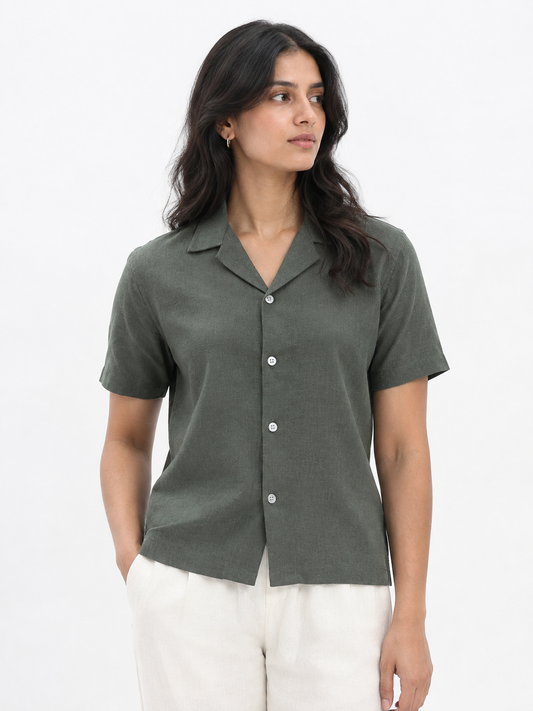 WOMEN'S OLIVE GREEN BACK PRINTED OVERSIZED SHIRT