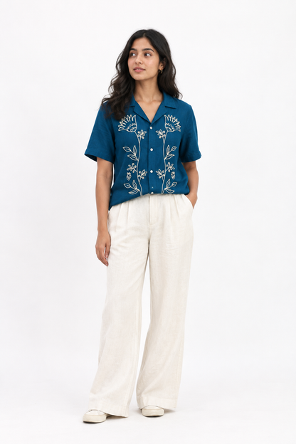 WOMEN'S BLUE FLORAL OVERSIZED EMBROIDERED SHIRT