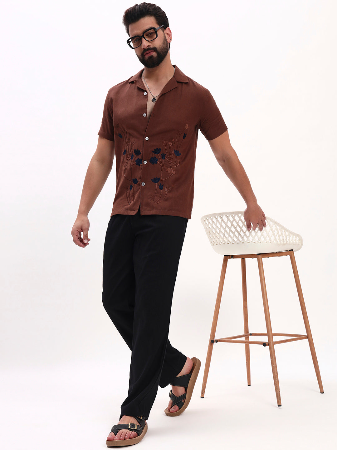 BROWN FLORAL EMBROIDERED SHIRT