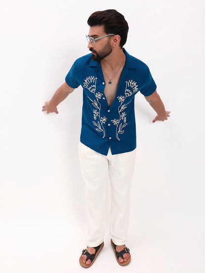 BLUE FLORAL EMBROIDERED SHIRT