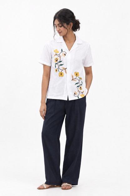 WOMEN'S WHITE FLORAL OVERSIZED EMBROIDERED SHIRT