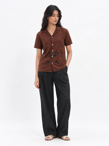 WOMEN'S BROWN FLORAL OVERSIZED EMBROIDERED SHIRT