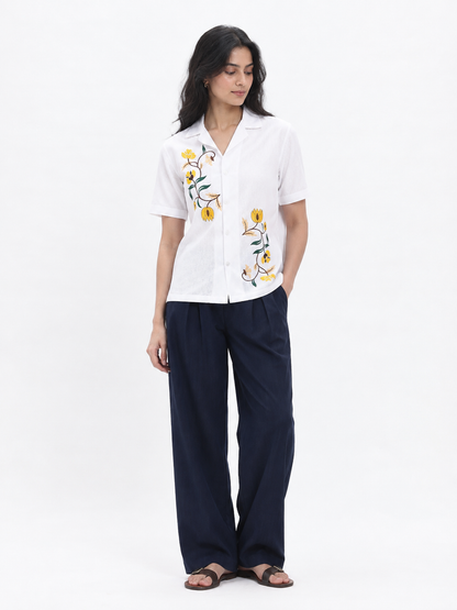 WOMEN'S WHITE FLORAL OVERSIZED EMBROIDERED SHIRT