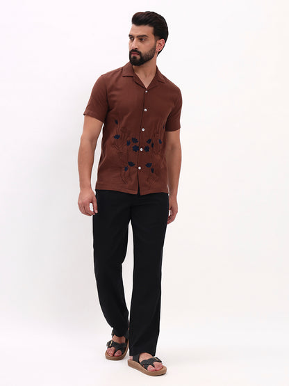 BROWN FLORAL EMBROIDERED SHIRT