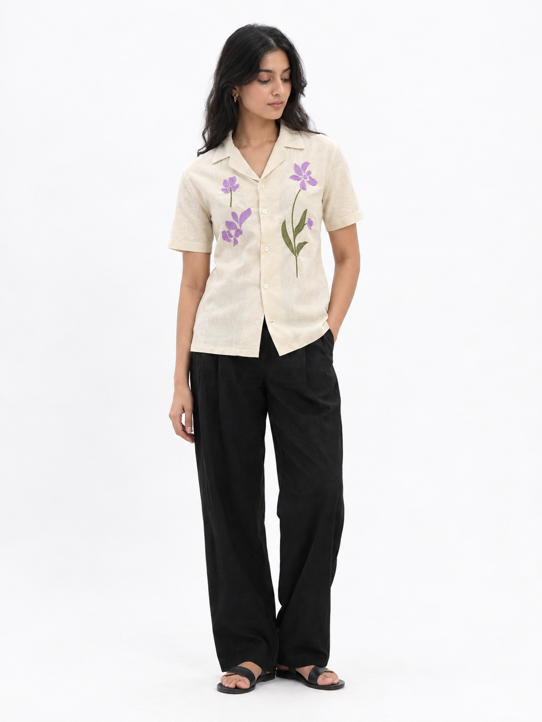 WOMEN'S BEIGE FLORAL OVERSIZED EMBROIDERED SHIRT
