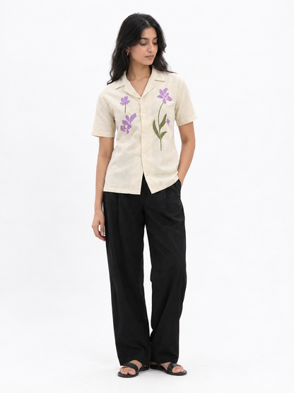 WOMEN'S BEIGE FLORAL OVERSIZED EMBROIDERED SHIRT